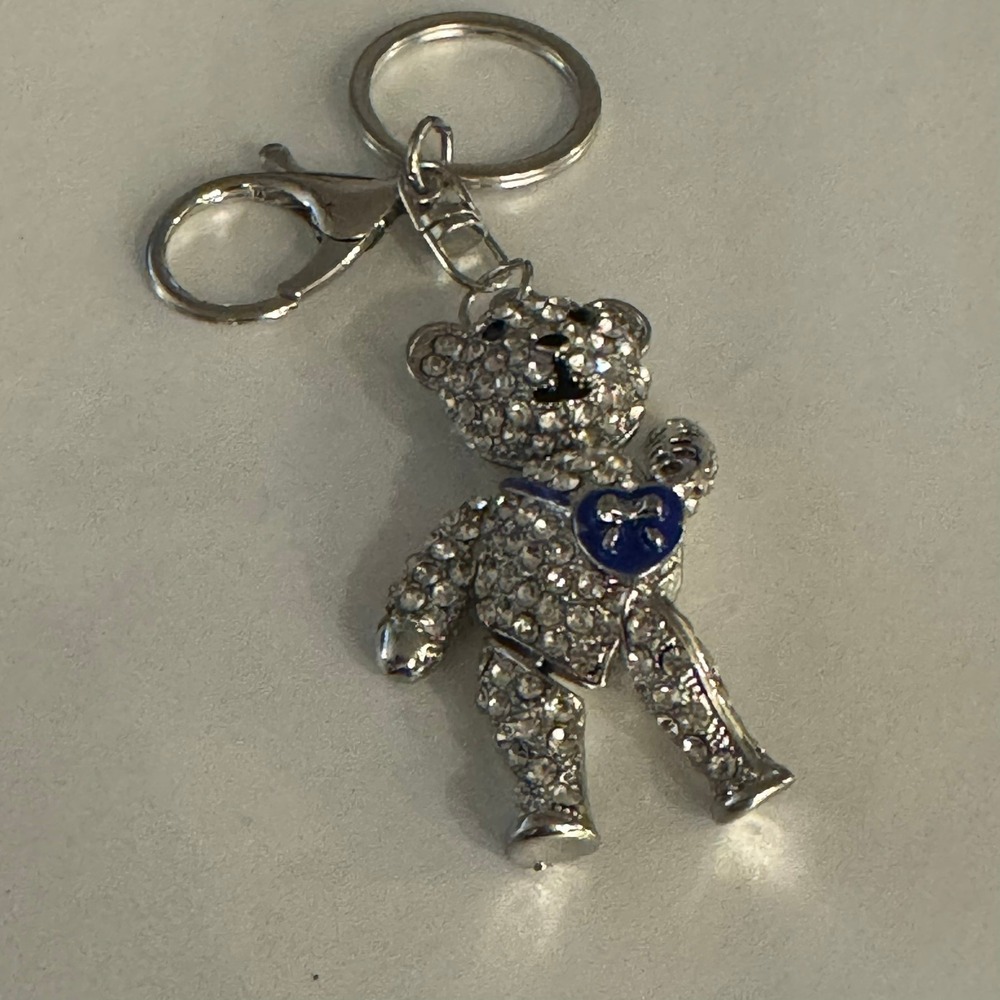 Rhinestone Teddy Bear Keychain Bag Charm with Blue Heart Accent